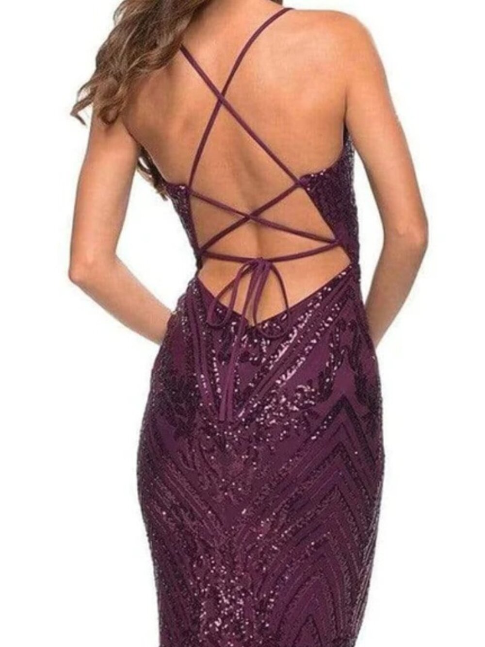 NWT La Femme 30496 Sequin-Ornate Backless Prom Dress Dark Berry size 8 - Picture 4 of 6